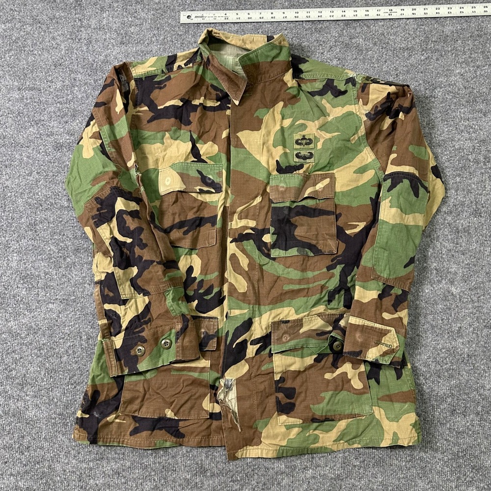 Military Jacket Mens Size Large Long Woodland Camouflage BDU Field Coat